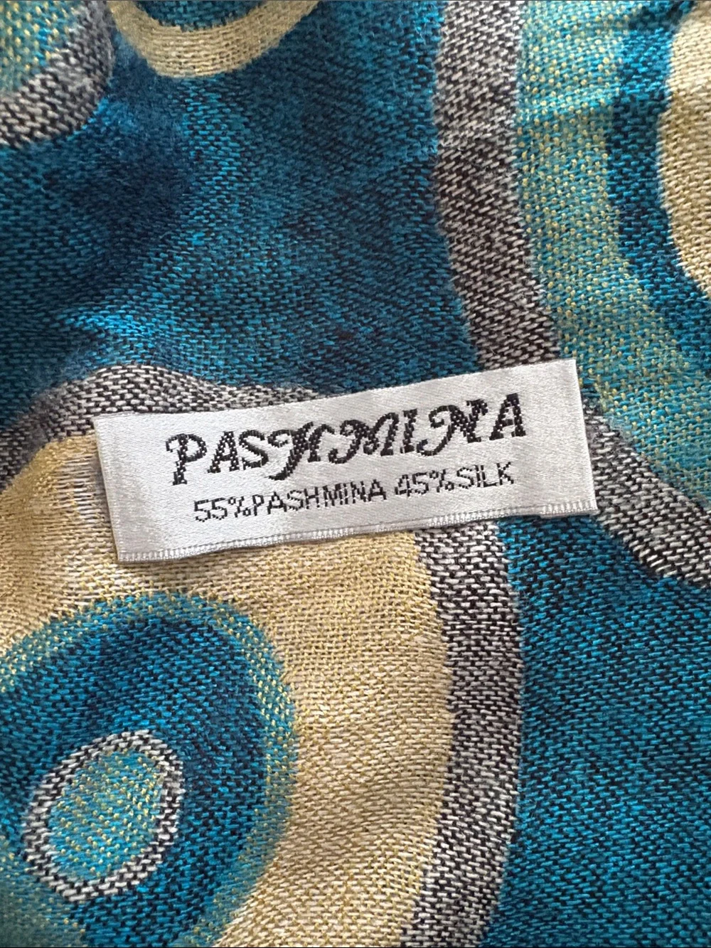 Pashmina Silk Teal, Beige & Gray Circular Pattern Fashion Fringed Scarf